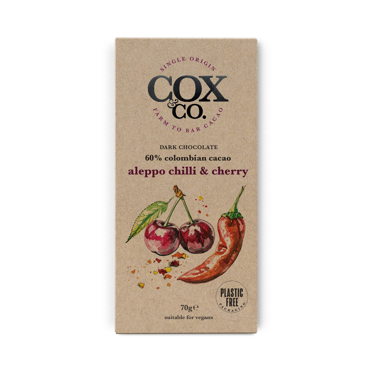 NEW 60% Aleppo Chilli & Cherry SRP 12 X 70g – Cox&Co Cacao