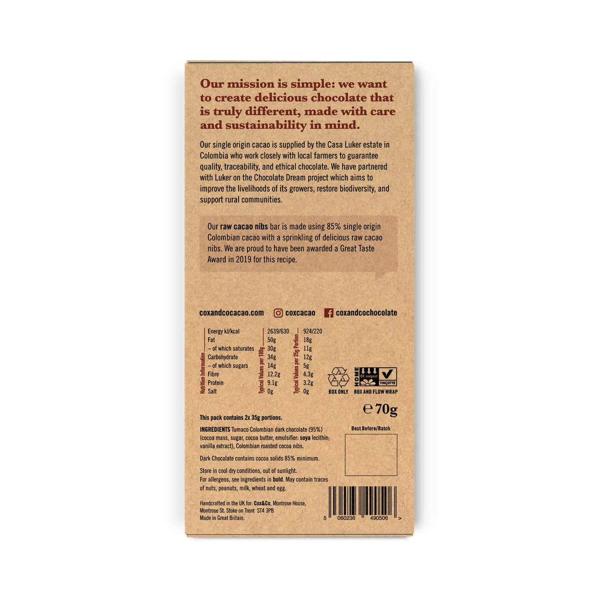【cacaoページ】 85% Raw Cacao Nibs - 70g Bar – Cox&Co Cacao
