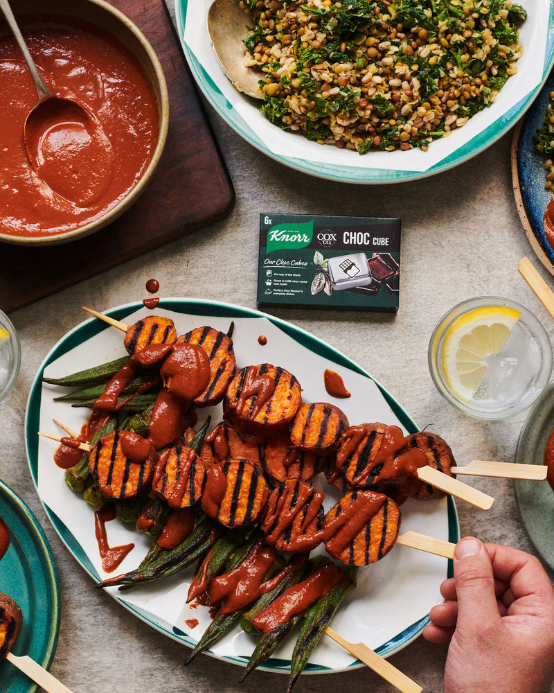 Chargrilled Sweet Potato, Okra with Chocolate Mole sauce served with a lentil and kale salad